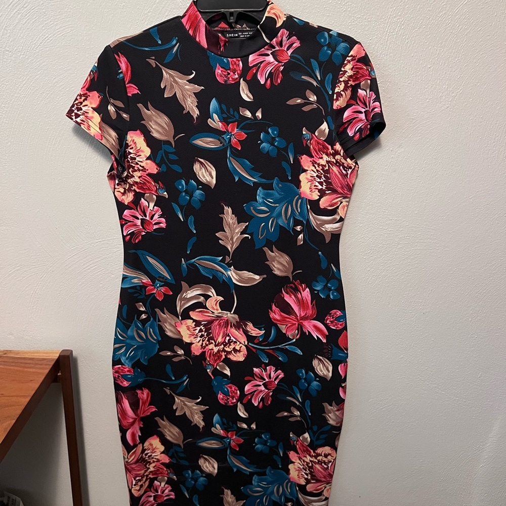 SHEIN Black Floral Bodycon Dress with Pink, Blue & Tan Accents